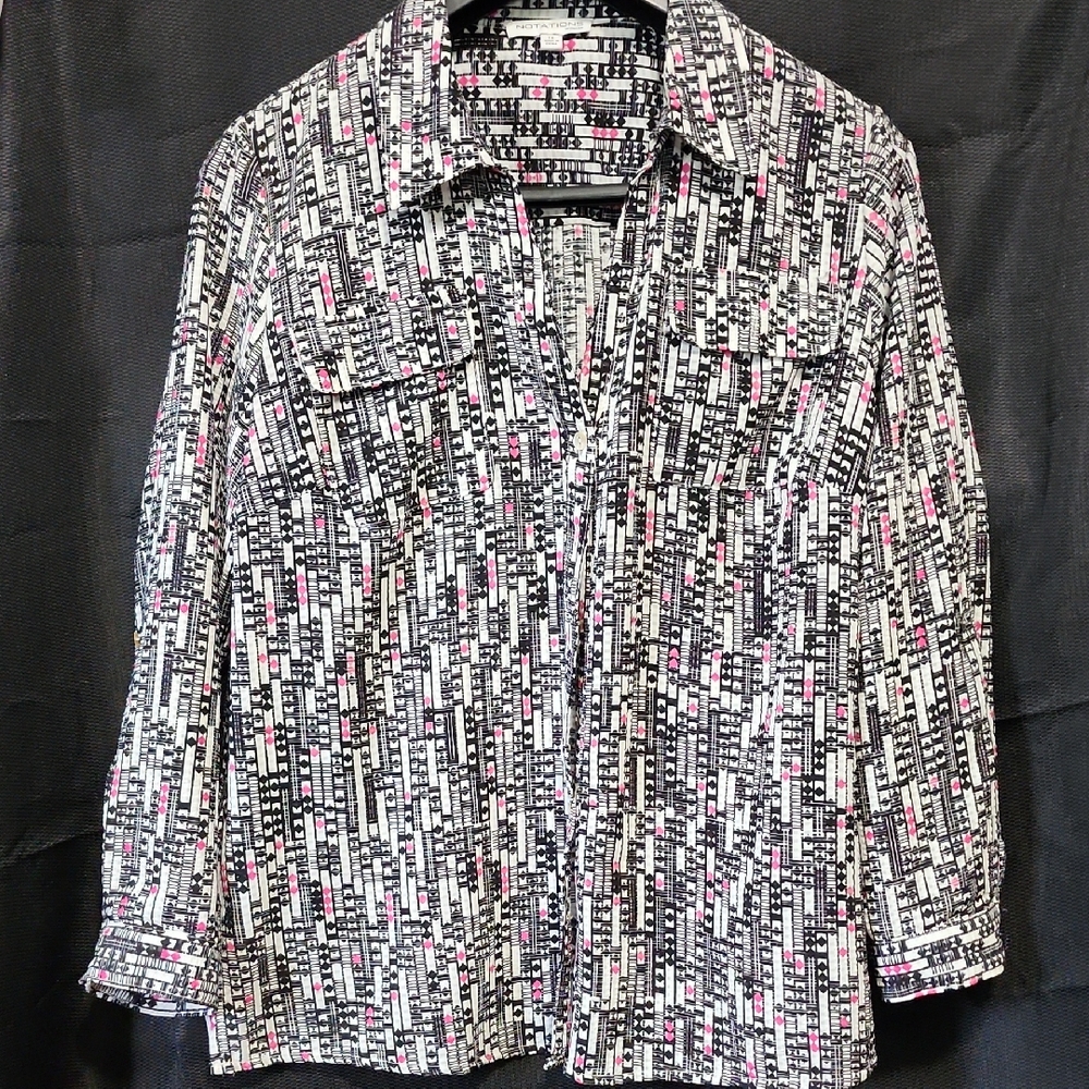 Notations Black and White Geometric Blouse with Pink Accents